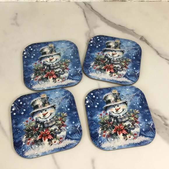 Snowman Hardboard Coasters Plaid Top Hat, Wintery Blue Background Set of 4 - Picture 1 of 7